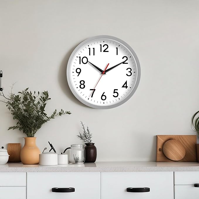 Wall Clock Small Analog 8 Inch Silent Non Ticking Battery Operated Modern Simple Decorative for Kitchen Office Bedroom Bathroom Living Room(Silver)
