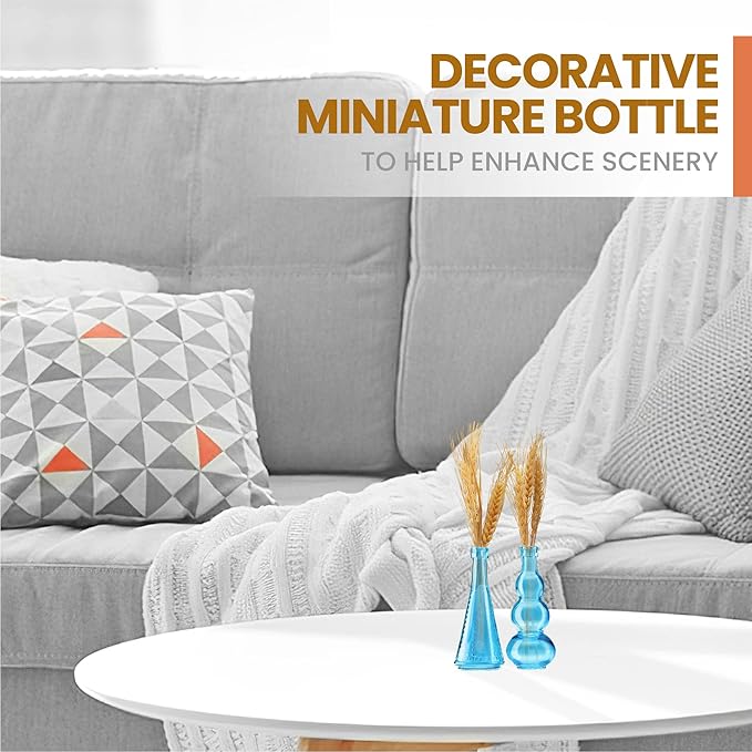 Small Blue Vintage Glass Bottles with Corks, Mini Vases, Decorative, Potion, Assorted Design Set of 12 pcs, 4.6 Inch Tall (11.43cm), 1.4 Inch Wide (3.56cm)