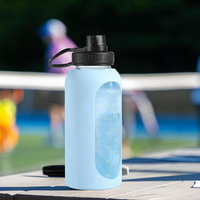 32 oz Glass Water Bottle with Straw and Handle, Sports Motivational Water Flask with Silicone Sleeve, Large Leakproof Water Flask Cup with Time Marker for Travel, Gym, Sage