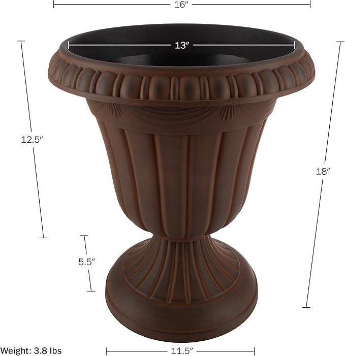 Pure Garden Outdoor Planter 2-Pack - 16x18-Inch Urn Planters - Plastic Plant Pots for Indoor, Outdoor, or Front Porch Decor - Flower Pots (Brown)