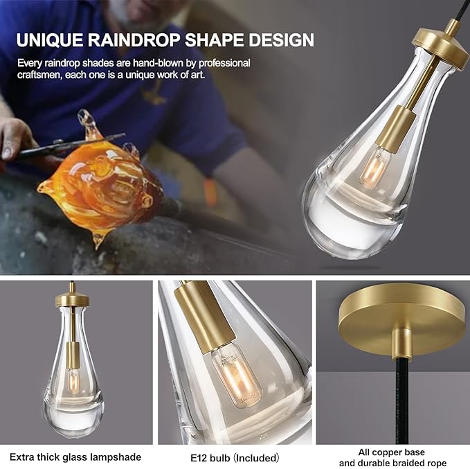 Raindrop Pendant Lights, Pendant Lights Kitchen Island, Brass Base Hanging Light Dining Room Light Fixture, Handblown Clear Kitchen Chandelier, Rope Pendant Lights for Living Room Hallway,E12 Bulb