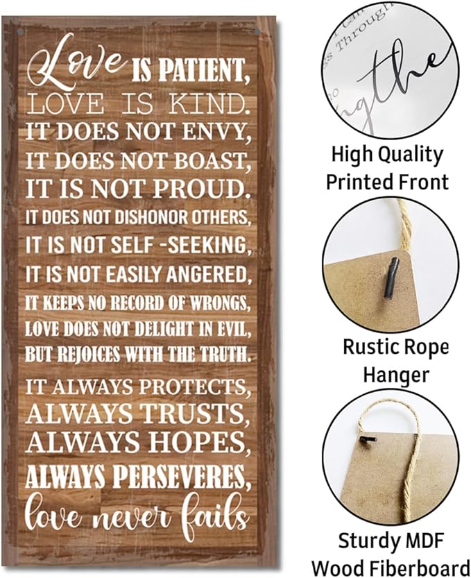 1 Corinthians 13:4-8 Inspirational Hanging Wood Decor Sign, Printed Wood Sign, Love is Patient, Love is Kind Quote, Hanging Bible Verses Woods Wall Signs, Rustic Home Decor Signs, Christian Gift I1
