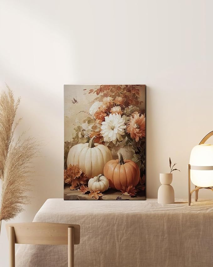 AbcCustomize Vintage Pumpkin Floral Wall Art Decor, Rustic Fall Daisy Flowers Canvas Print for Farmhouse Autumn Decor, Thanksgiving Decorations for Living Room Kitchen Dining Room, Ready to Hang