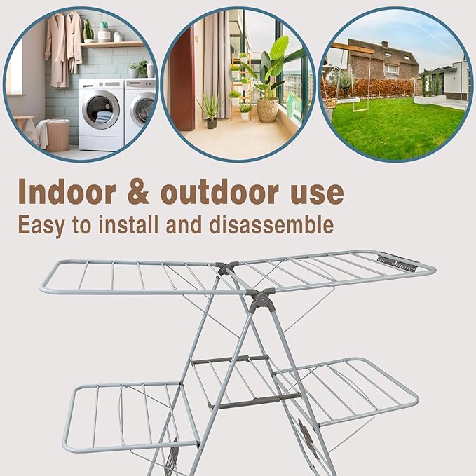 Large Capacity Double Drying Rack, Folding Rustproof Drying Rack with Non-Slip Clips and Drainage Shoe Rack, Height Adjustable, Airy and Quick Drying, Suitable for Balcony and Outdoor Use