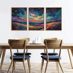 KAIRNE Framed Abstract Midnight Canvas Wall Art,Starry Night Prints Set of 3(16”X24”),Colorful Wildflowers Wall Decor,Nature Night Scene Paintings for Living Room Bedroom office Farmhouse Decoration