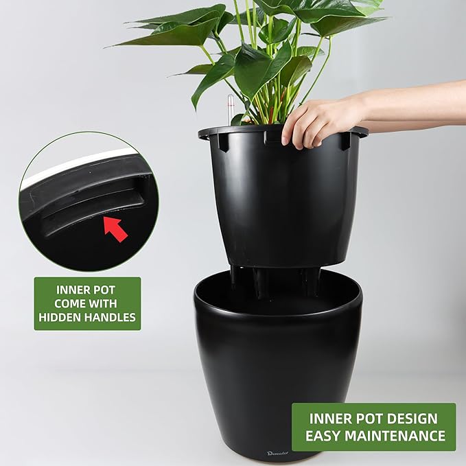 Dexceder 13x12 Self Watering Planter with Wheels Indoor Outdoor, Inner Pot Design, Thickened Large Floor Standing Flower Plant Pot with Water Level Indicator (Black Matte)