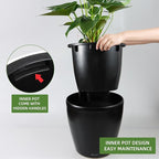 Dexceder 13x12 Self Watering Planter with Wheels Indoor Outdoor, Inner Pot Design, Thickened Large Floor Standing Flower Plant Pot with Water Level Indicator (Black Matte)