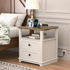 HIFYOBRO End Table with Flip Top Charging Station and 2 Drawers, Type-C & USB Port & Power outlets, Wooden Storage Cabinet, Large Side Table with Storage for Living Room and Bedroom (White)