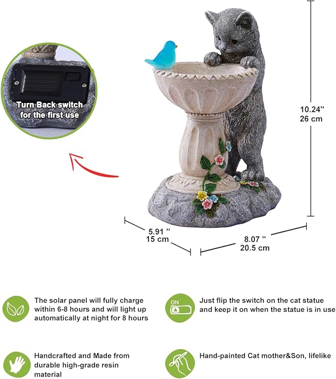 Nacome Solar Cat Birdbath Garden Decor: Outdoor Statues Ornaments for Outside Decorations Yard Art Lawn Porch Patio Balcony - Birthday Gifts Choice for Mom Grandma Women Lover