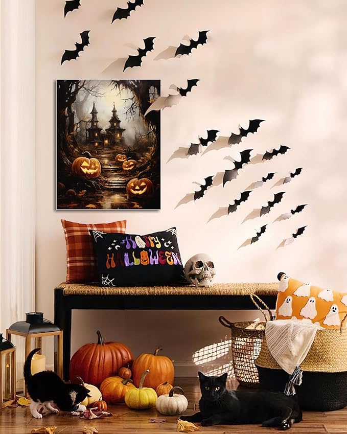 AbcCustomize Halloween Canvas Wall Art - Spooky Haunted House & Eerie Pumpkins Poster, Gothic Fall Decorations for Home, Vintage Halloween Decor Indoor for Living Room, Bedroom & Party