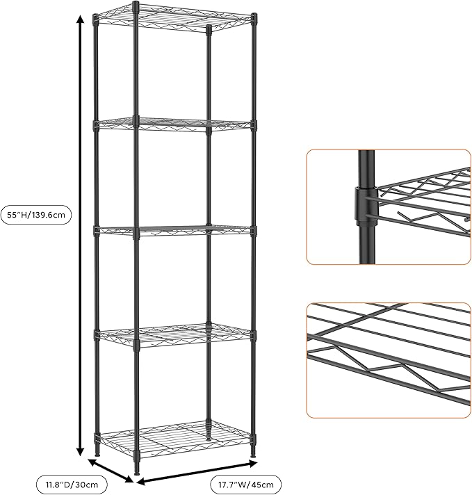 5 Tiers Shelf Metal Storage Shelves Wire Rack Closet Organizers with Wheel for Garage Kitchen Bathroom Laundry Black 11.8" D x 17.7" W x 55" H