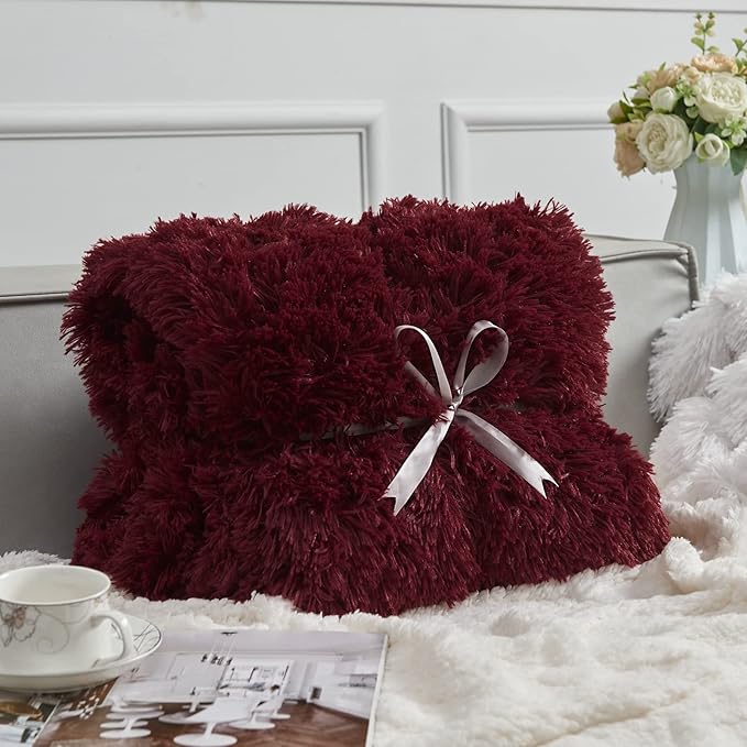 GONAAP Fuzzy Faux Fur Throw Blanket Queen Size Wine Red Super Soft Cozy Plush Fuzzy Shaggy Blanket for Couch Sofa Bed (Wine Red, Queen(90"x90"))