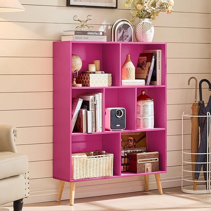 LEYAOYAO 7 Cube Bookshelf,3 Tier Book Shelf with Legs,Pink Modern Bookshelf,Large Freestanding Open Toy Modern Bookshelves,Display Bookcases Decor Furniture for Nursery