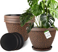 16 Inch Large Outdoor Plant Pot, 4 Pack Thickened Flower Pots with Drainage Holes & Saucer, Pebbles Pattern Design Tree Planters Outdoor for Garden Porch Home