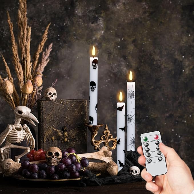 GenSwin Flameless Taper Candles with Remote Timer, 6Pcs LED Flickering Taper Candles Battery Operated Real Wax with Spider Webs/Skull/Bats Decals for Halloween Spooky Decoration (White, 0.78”x9.65”)