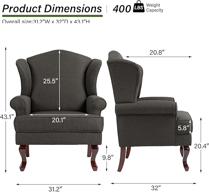 Accent Chair, High Back Upholstered Armchair with High Resilience Sponge & Wood Legs, Mid-Century Modern Comfy Single Sofa Reading Chairs for Living Room, Bedroom (Dark Grey, Set of 2)