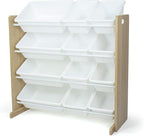 Humble Crew Kids Toy Storage Organizer with 12 Plastic Bins, Natural Wood/White – Removable Bins for Playroom, Bedroom, Toddler Furniture for Boys and Girls Ages