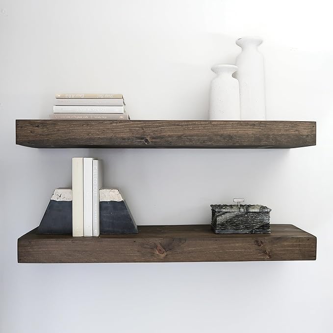 Modern Floating Shelves 3 Inches Thick for Wall, Wide Shelves for Kitchen, Living Room, Bedroom, and Bathroom, Natural Pine Wood, Rustic Wooden Shelf, (Set of 2) (Jacobean, 24Lx3Hx6D)