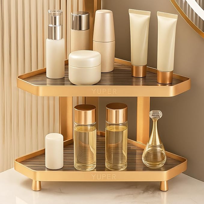YUPER Bathroom Counter Organizer, 2-Tier Corner Bathroom Organizers and Storage, Makeup Storage Shelf Vanity Tray Perfume Organizer, Bedroom Corner Counter Storage Sink Shelf Gold