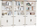 70in Tall Bookshelf 5 Tier Bookcase with Barn Doors and Storage Cabinet, White Farmhouse Book Shelf with Adjustable Shelves, Wood Freestanding Display Bookshelves for Bedroom, Kitchen (3PCS)
