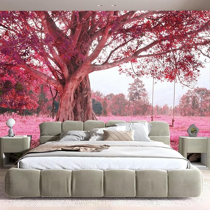 FENDROM Autumn Pink Flower Tapestry Window View Wall Hanging, Nature Forest Floral Trees Garden Scenic Tapestries for Living Room Home Office Dorm