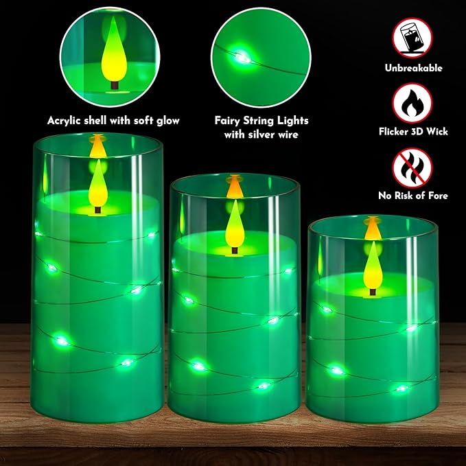 NURADA Flickering Flameless Candles: Built-in Star String Acrylic Battery Operated LED Pillar Candles with Remote and Timer for Home Party Weddings Christmas Halloween Decor -Green 3 Pack