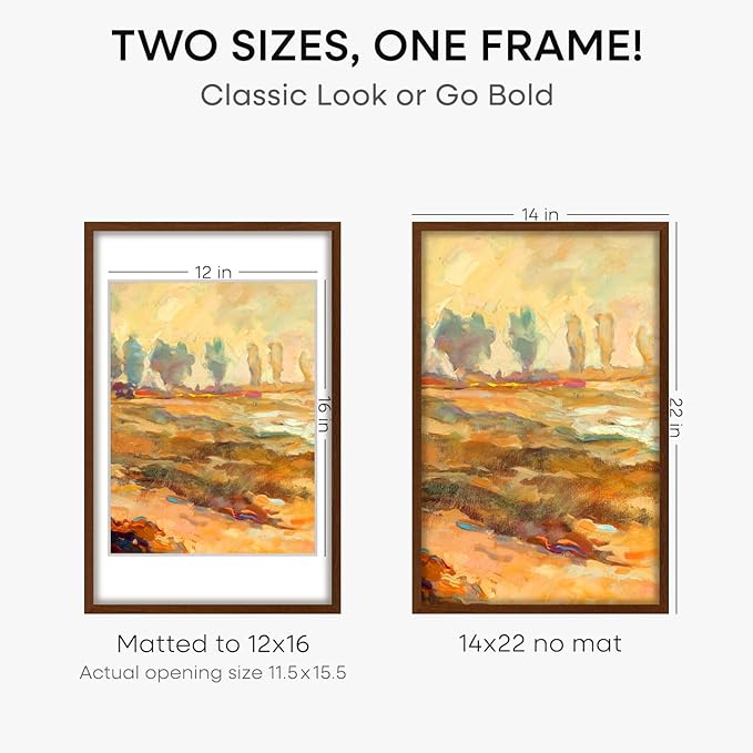 Homeforia 14x22 Picture Frame Brown, High End Dark Oak 14x22 Walnut Wooden Frames with Mat 12x16, 14 x 22 Wood Poster Frame Matted to 12 by 16, 22x14 Hanging Frames, Tempered Glass, Wall Kit, Set of 1