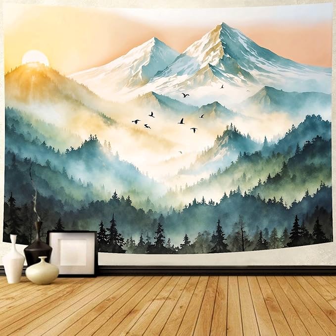 Delur Mountain Tapestry Boho Misty Sunset Forest Tree Tapestry Wall Hanging Sunrise Nature Landscape Psychedelic Headboard for Bedroom Living Room Home Decor (59.1" x 78.7")