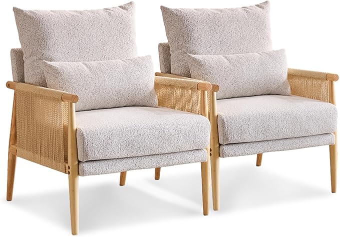 VINGLI Boho Braid Accent Armchairs Set of 2,Mid-Century Modern Chiars with Solid Wooden Armrest,Comfy Louge Cushion Chairs with Waist Pillow for Bedroom,Living Room,Reading Room, Light Grey