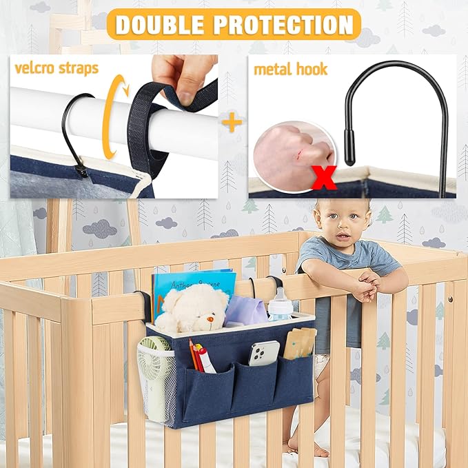 Bedside Caddy Bedside Organizer Bedside Storage Caddy with Fixed Straps and Water Bottle Holder for Home College Dorm Bunk Bed Hospital Bed Crib Bed Rails (Navy Blue)