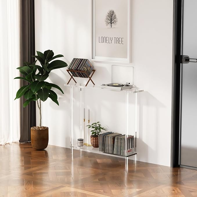 Sleek Modern 2-Tier Acrylic Console Table, 39.4" L x 7.6" W x 31.5" H - Entryway Table for Hallway, Living Room, Sofa Side, Small Spaces (Clear)