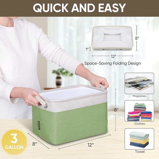 BALEINE 4 Pack Fabric Storage Bins for Shelves, Linen Storage Baskets for Organizing, Decorative Closet Bins for Clothes, Home (Green, 12"x8"x8")