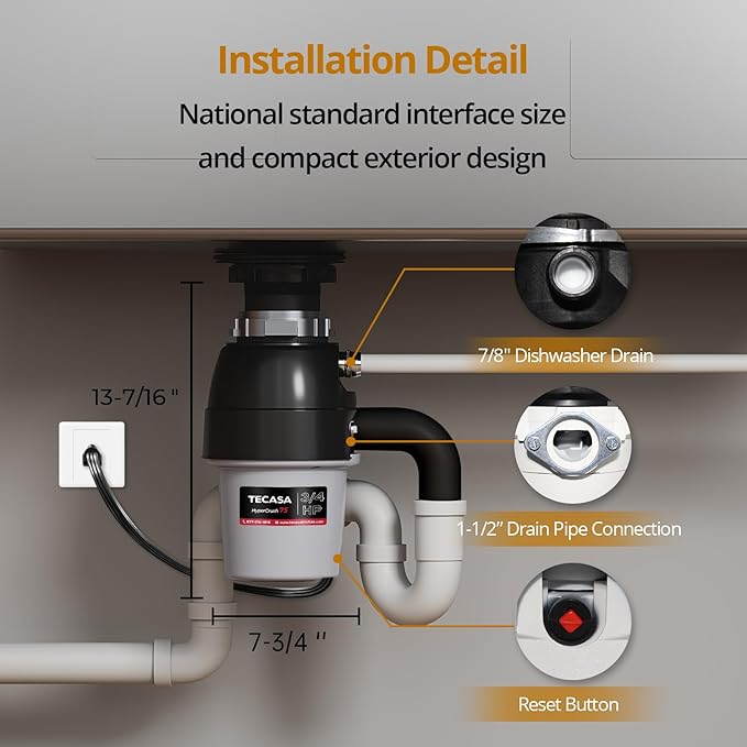 3/4 HP Corded Garbage Disposal for Kitchen Sinks, TECASA Continuous Feed Food Waste Disposer, Sound Reduction, Power Cord Included, Grey and Black - HyperCrush 75