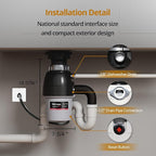 3/4 HP Corded Garbage Disposal for Kitchen Sinks, TECASA Continuous Feed Food Waste Disposer, Sound Reduction, Power Cord Included, Grey and Black - HyperCrush 75