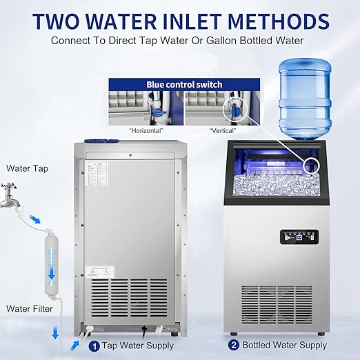 Commercial Ice Maker Machine 120Lbs/24H with 35Lbs Ice Capacity, 45Pcs Clear Ice Cubes Ready in 11-20Mins, Stainless Steel Under Counter Freestanding Large Ice Machine, 2 Water Inlet Modes