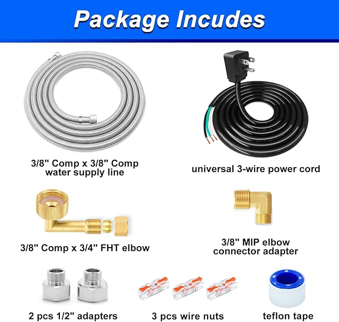 Dishwasher Installation Kit - 8 FT Stainless Steel Dishwasher Hose with 3/8" Compression Connections,Food Grade PEX Inner Tube Dishwasher Water Supply Line with Elbows,Adapters and 6 FT Power Cord
