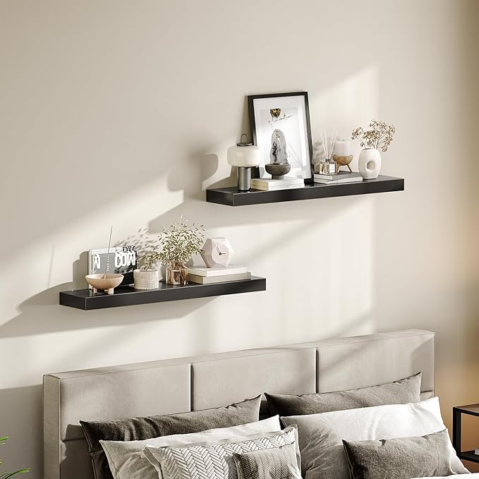 HOOBRO Floating Shelves for Wall, Wall Mounted Shelf Set of 2, 31.5" Hanging Shelf with Invisible Brackets, for Wall in Bathroom, Bedroom, Toilet, Kitchen, Living Room, Office, Black BK80BJP201