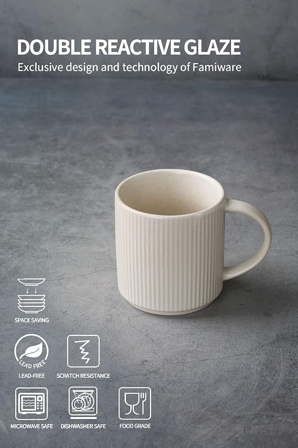 famiware Coffee Mug Set for 4, Star 12 oz Catering Mugs Cup Set with Handle for Coffee, Tea, Cocoa, Milk - Ceramic Stoneware Drinkware Set, Matte White