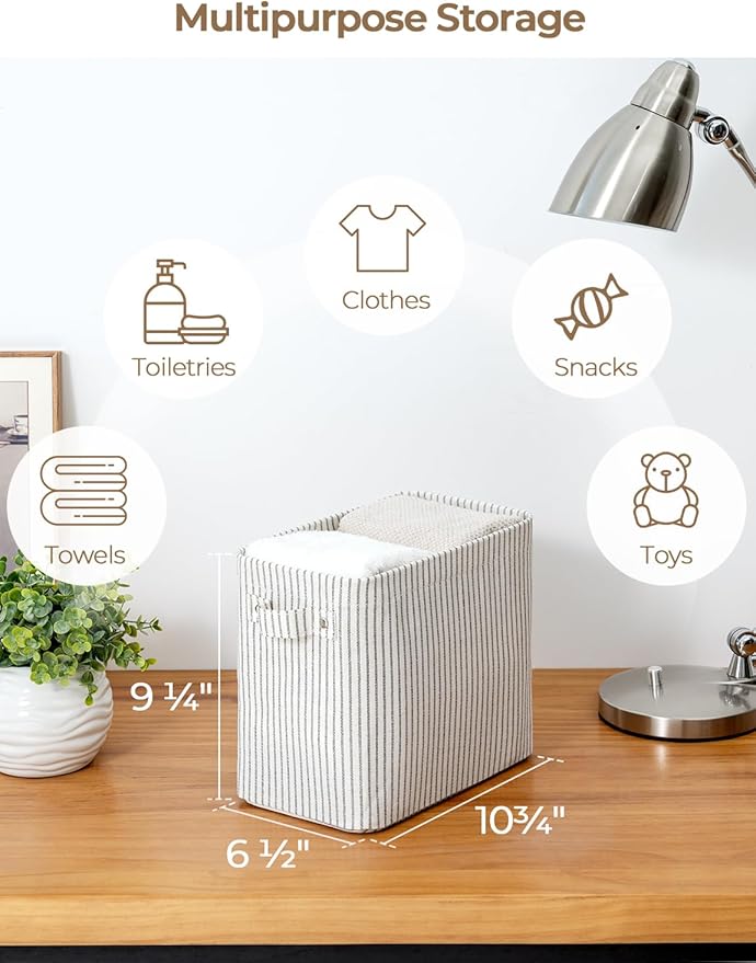 StorageWorks Narrow Storage Bins, Small Basket for Closet and Shelves, Rectangular Fabric Organizer with Handles, Toilet Paper Storage, Gray and White Stripes, 2-Pack
