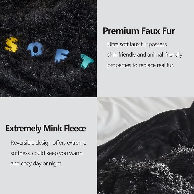 GONAAP Fuzzy Faux Fur Throw Blanket Queen Size Black Super Soft Cozy Plush Fuzzy Shaggy Blanket for Couch Sofa Bed (Black, Queen(90"x90"))