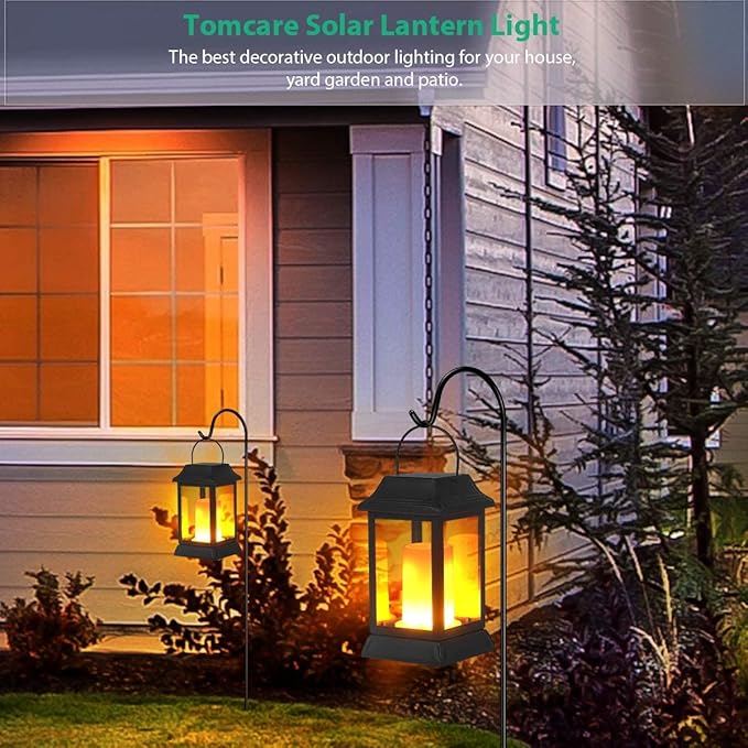 TomCare Solar Lights Metal Flickering Flame Solar Lantern Outdoor Hanging Lanterns Decorative Lighting Heavy Duty Solar Powered Waterproof Umbrella Lighting for Garden Yard Patio Deck, 2 Pack（Black）