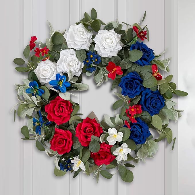 WANNA-CUL Patriotic Wreath Decorations, 24 Inch Rose 4th of July Wreaths for Front Door, Red White Blue Spring Door Wreath for Independence Day, Memorial Day for Indoor Outdoor Decor