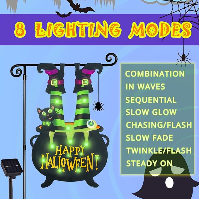 Halloween Lighted Garden Flag for Outside, Witch Feet Shape Flag Yard Decor, 8 Modes Double Sided Cauldron Eyeball Black Cat Outdoor Hlloween Decorations for Home Porch (Green-28x40)