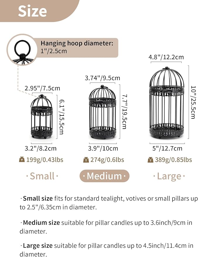NUPTIO Black Decorative Bird Cage: Birdcage Hanging Lantern for Pillar Candles - Vintage Bird Cages Candle Holders for Halloween Christmas Table Centerpiece 7.7 Inch H