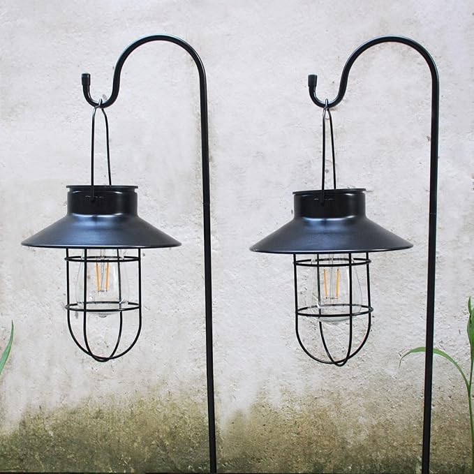 Solar Lantern 2pack Outdoor Hanging Light- Waterproof Vintage Metal Light with Shepherd Hook Decorative for Patio, Backyard, Porch, Yard (Black)