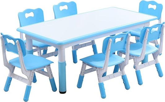 Kids Table and 6 Chairs Set with Graffiti Desktop, Toddler Furniture Set, Non-Slip, Table Children Study Desk, Dining Table, Height Adjustable Desk, Painting Desktop for Kids (47.2x23.6Inch)