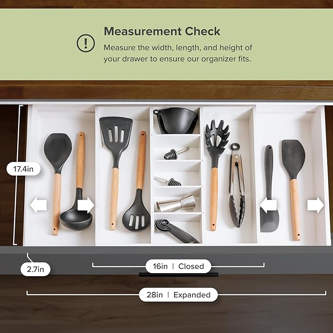 Adjustable Kitchen Drawer Organizer for Utensils and Junk, Food-Safe Contract Grade with 100% Sustainable Wood, Expandable from 16 to 28 Inches Wide - White Bamboo