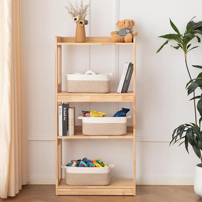 OIAHOMY 3 Pack Storage Baskets for Organizing, Woven Cotton Rope Basket for Shelves, Closet Organizer Bins with Handles, Rectangle Toy Organization, 13.78''×9.84''×5.5'', Brown & White