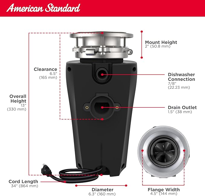 American Standard 10-US-AS-3 Garbage Disposal Anti-Jam Stainless Steel Food Waste Grinding System, Slim Line, 1/3 HP, Black