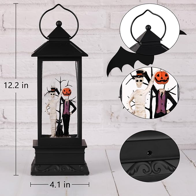 Halloween Snow Globes, Skull and Black Cat Scene Snow Globes, Glittering Lantern with Timer, Snow Globe Lantern USB or Battery Powered for Halloween Decor